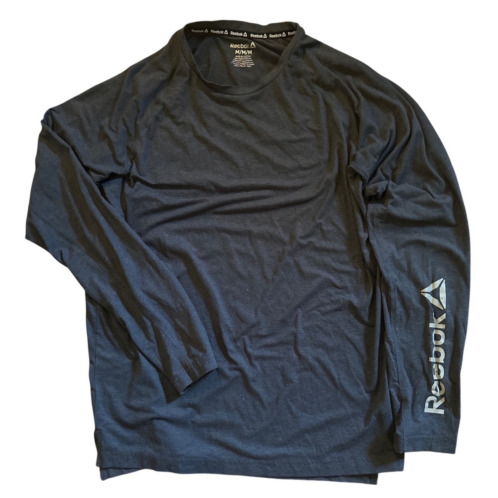 Reebok Mens Long Sleeve Performance Shirt Charcoal Gray Heather Logo Graphic M